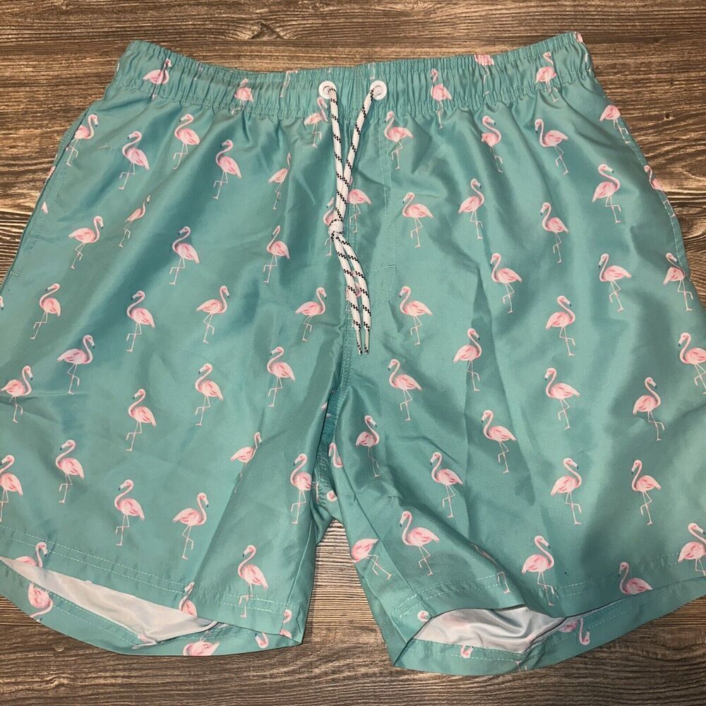 Mens Teal Swimming Trunks Quick-Dry Flamingo  Swim Shorts. Size Medium. 2